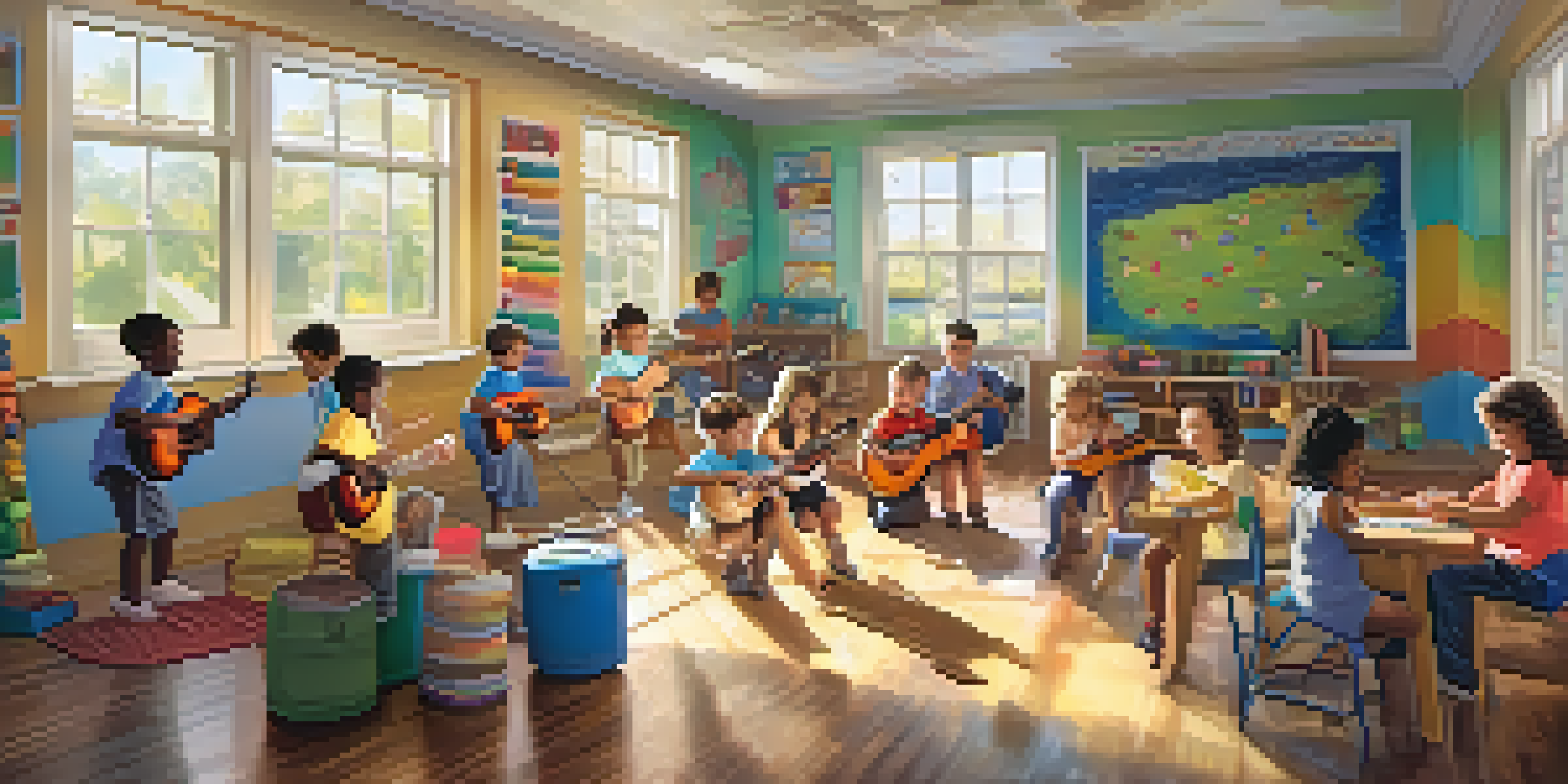 A lively classroom filled with children playing ukuleles, surrounded by colorful decorations and sunlight.
