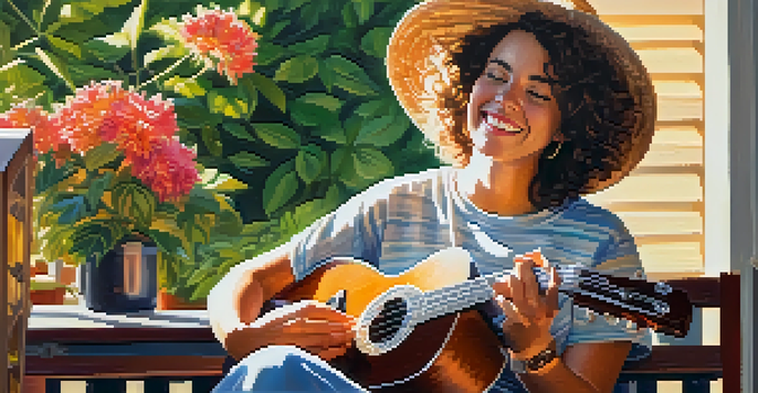 A contestant sitting outdoors playing a ukulele, surrounded by flowers and sunlight, creating a warm and cheerful atmosphere.