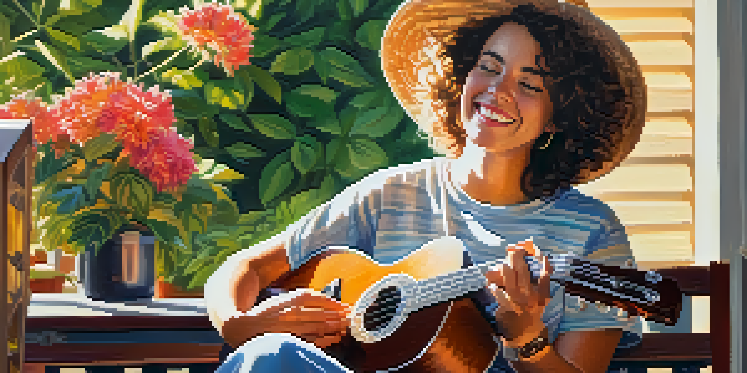 A contestant sitting outdoors playing a ukulele, surrounded by flowers and sunlight, creating a warm and cheerful atmosphere.