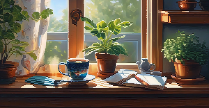 A bright kitchen with a steaming cup of coffee on a wooden table, a ukulele, and sunlight streaming through a window.