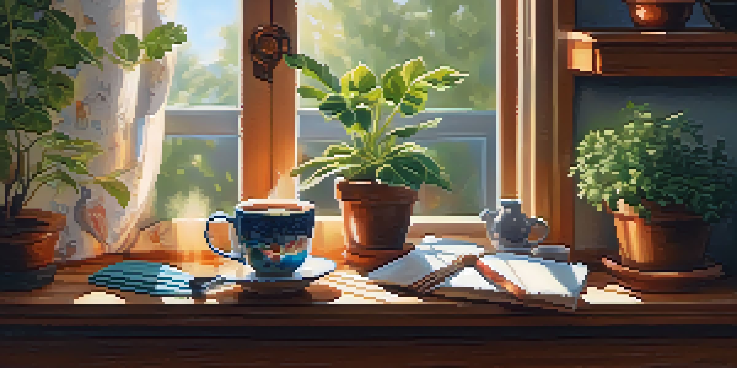 A bright kitchen with a steaming cup of coffee on a wooden table, a ukulele, and sunlight streaming through a window.