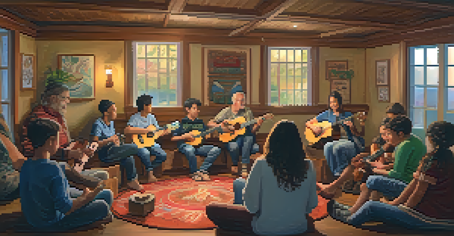 A group of people of different ages gathered in a circle, each with a ukulele, sharing music in a cozy community center filled with cultural art.
