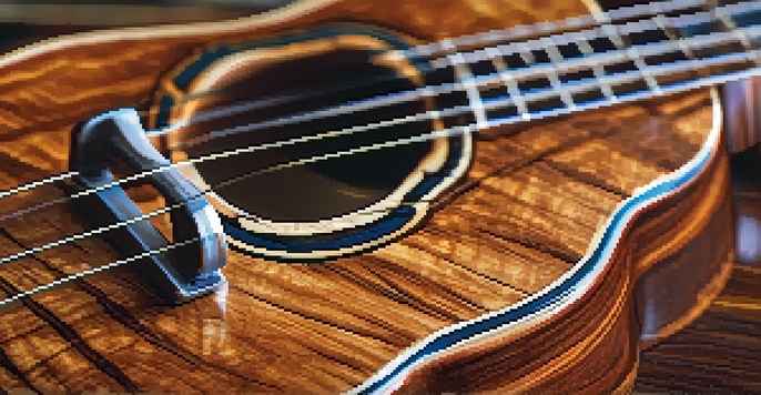 Close-up of a koa wood ukulele on a wooden table, with intricate inlays and natural light highlighting its glossy finish.