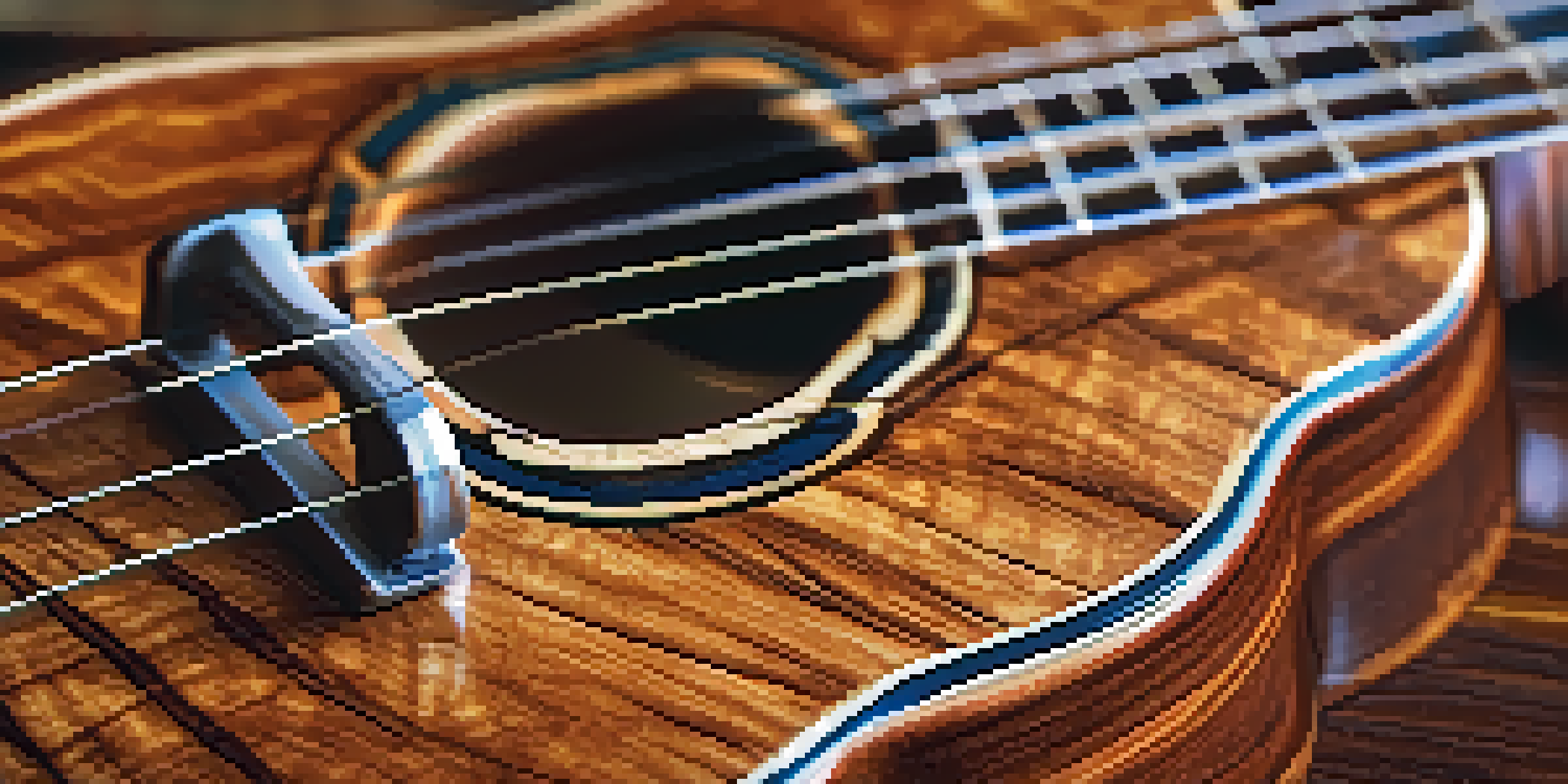 Close-up of a koa wood ukulele on a wooden table, with intricate inlays and natural light highlighting its glossy finish.
