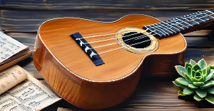 A close-up view of a ukulele on a wooden table, with sheet music and a potted plant, illuminated by soft natural light.