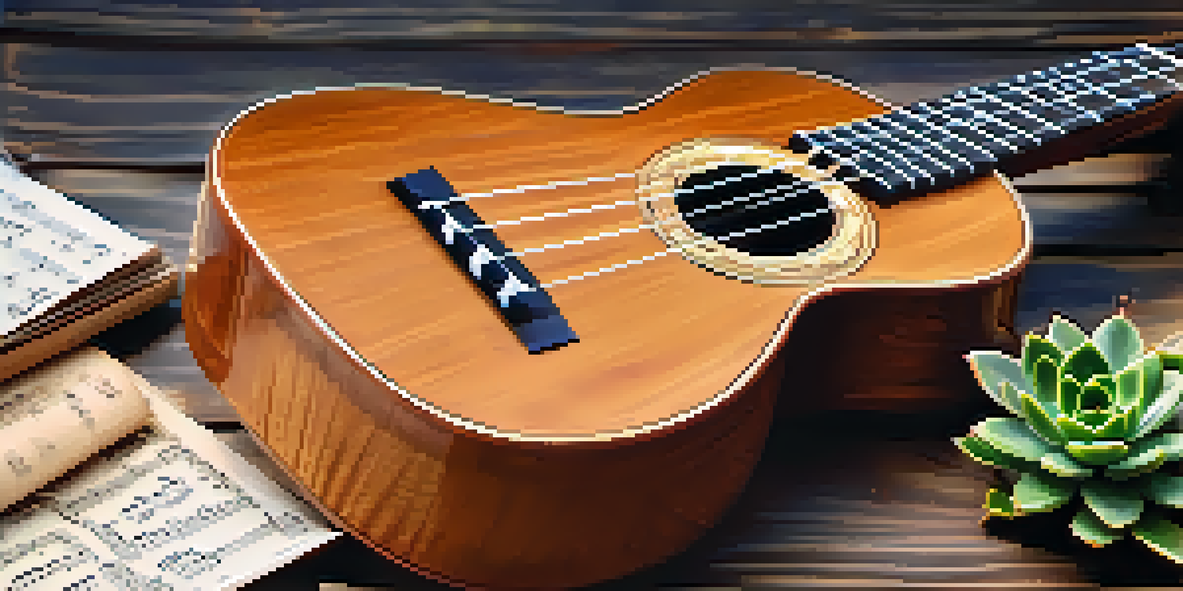 A close-up view of a ukulele on a wooden table, with sheet music and a potted plant, illuminated by soft natural light.
