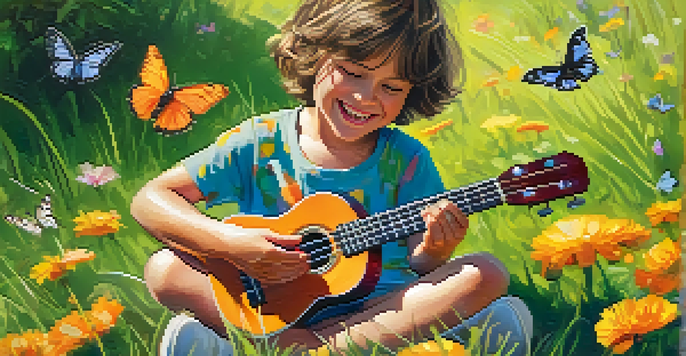 A joyful child playing a colorful ukulele on a sunny lawn, surrounded by butterflies and flowers.