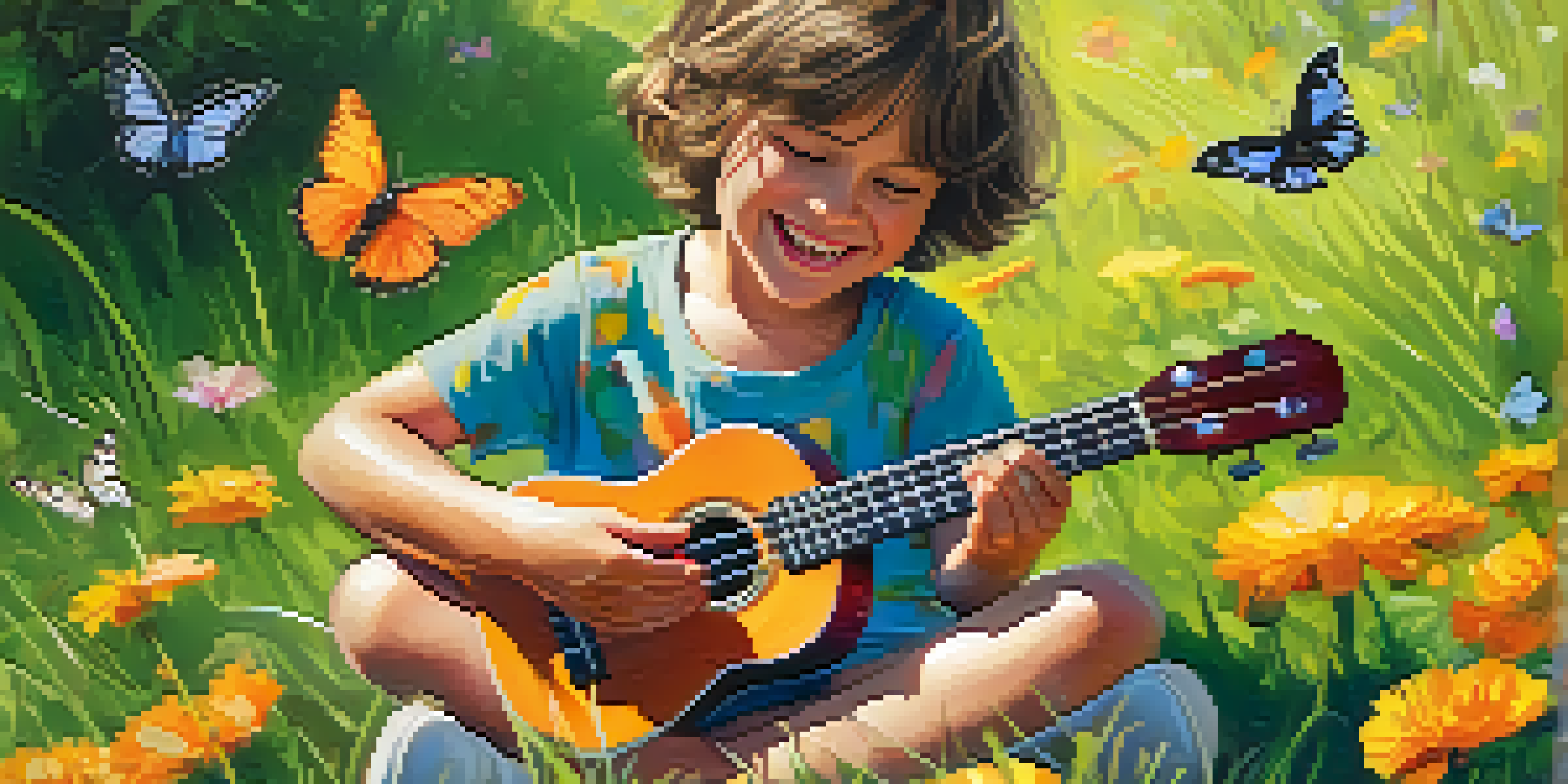 A joyful child playing a colorful ukulele on a sunny lawn, surrounded by butterflies and flowers.