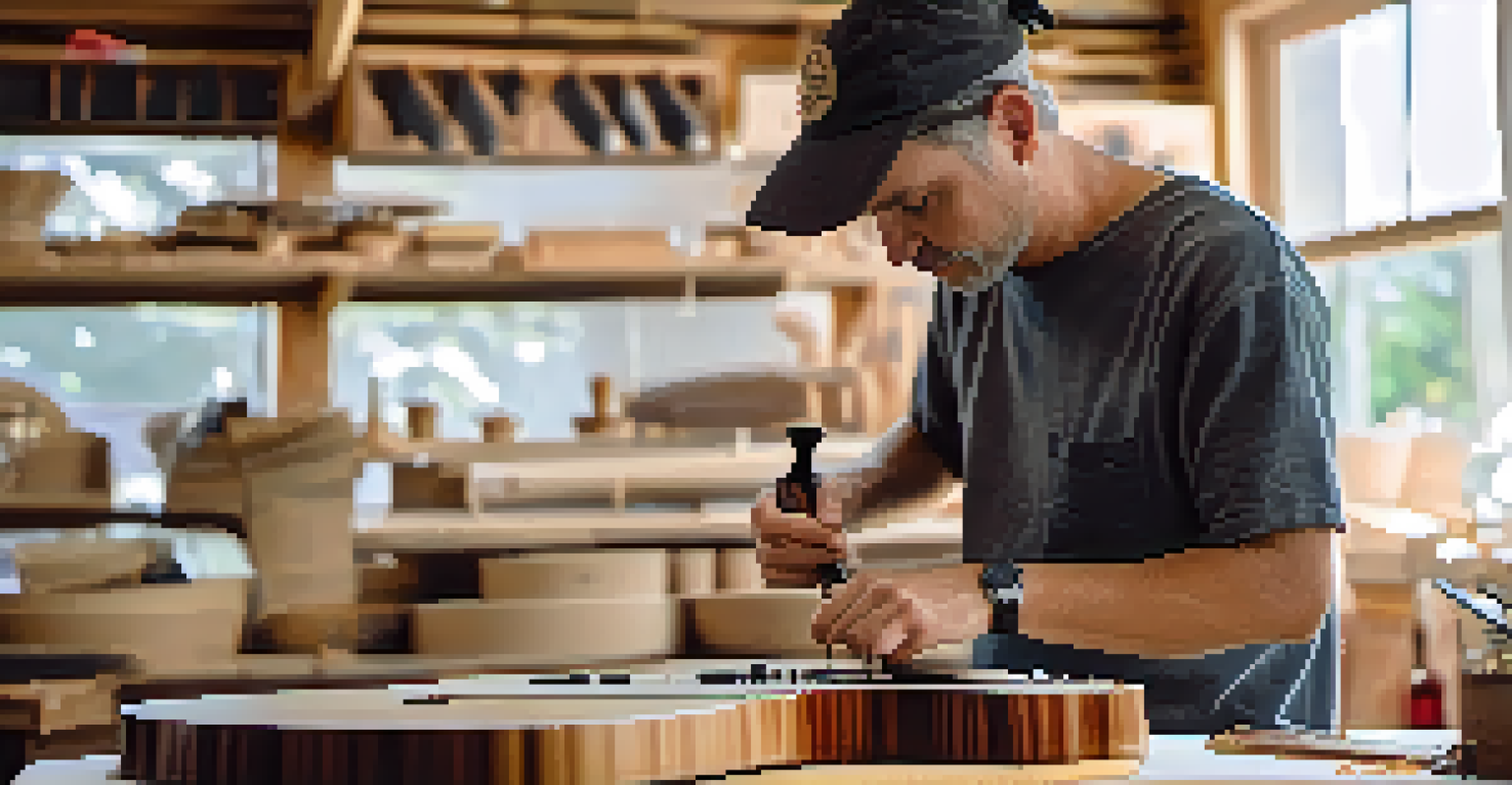 An artisan luthier carefully applying eco-friendly adhesive to a ukulele, surrounded by sustainable materials in a well-lit workshop.