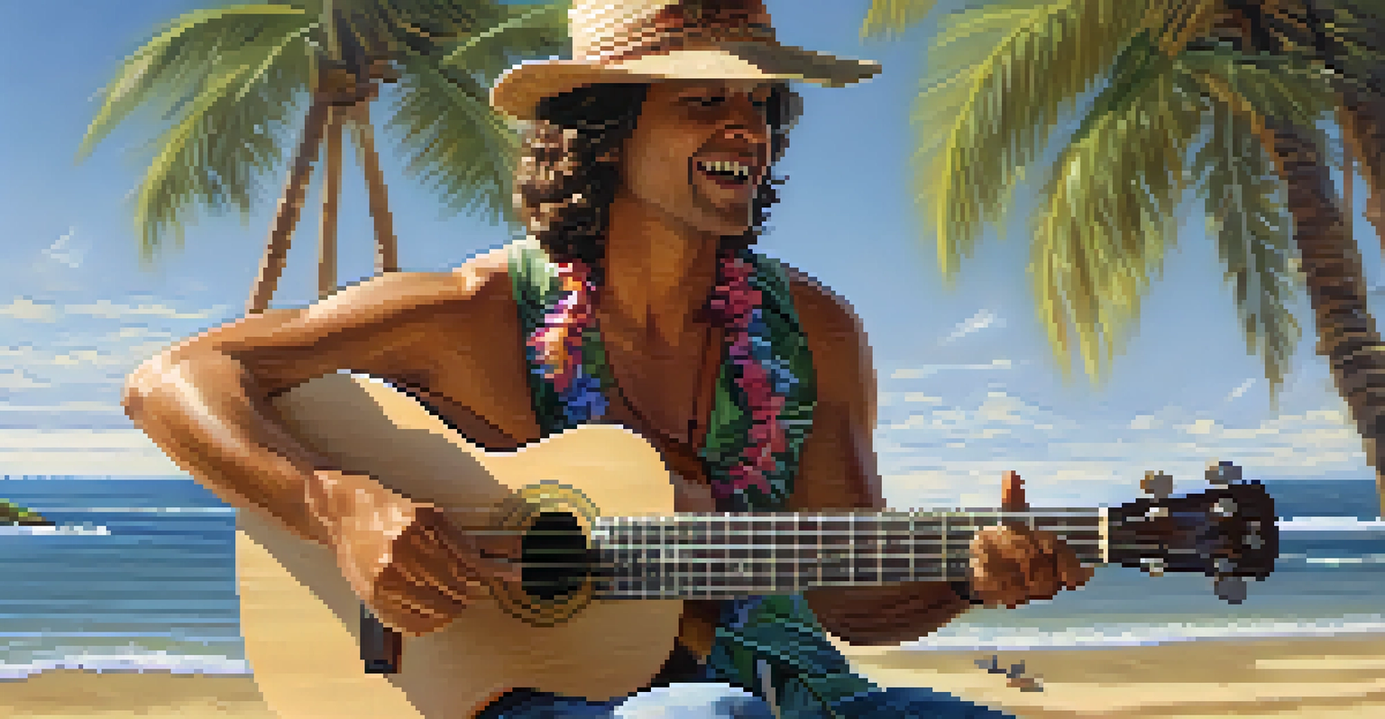 A close-up of a musician playing a ukulele on the beach with palm trees and ocean in the background.