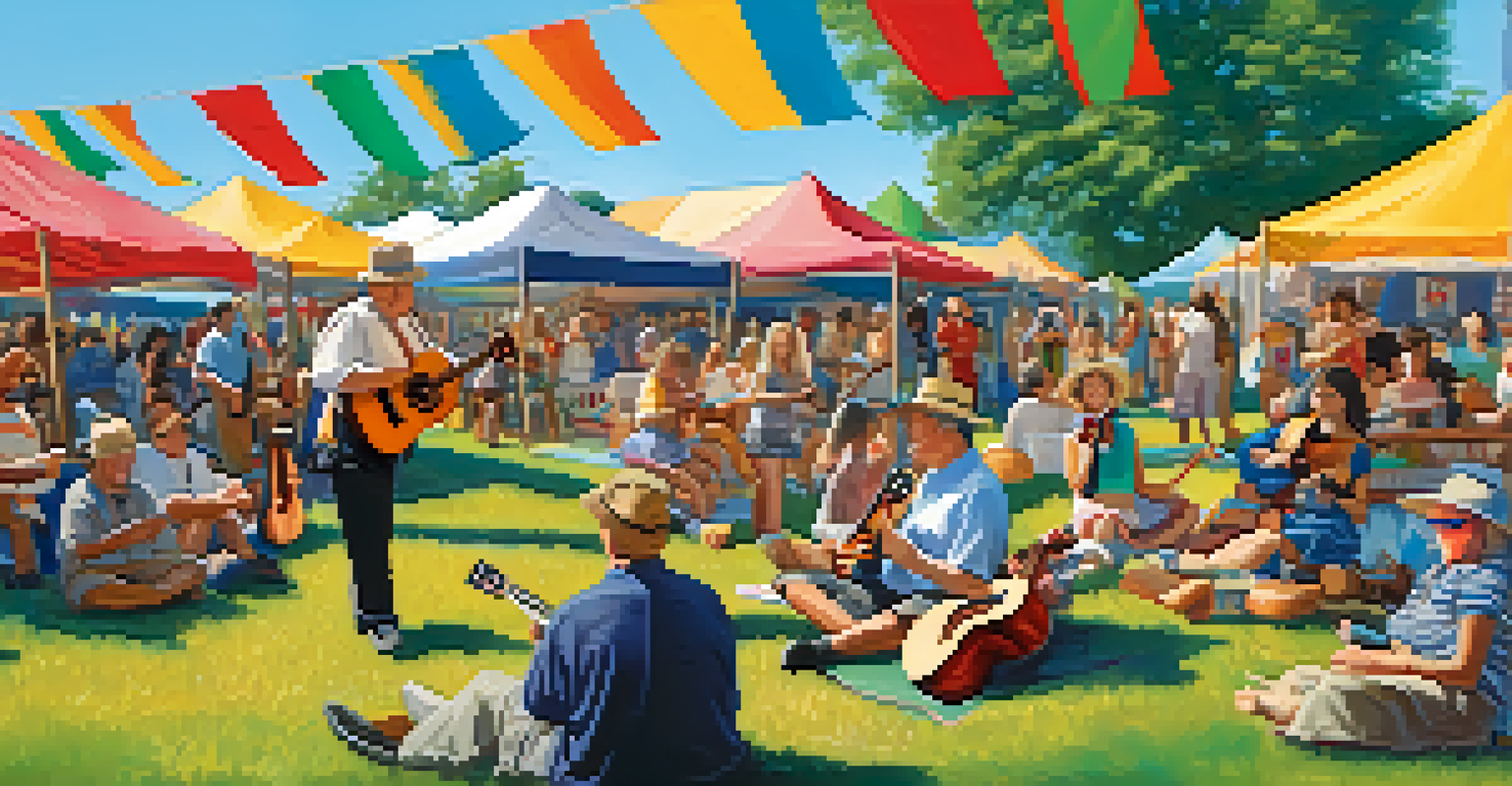 A lively outdoor ukulele festival with musicians playing and an audience enjoying the music under clear blue skies.