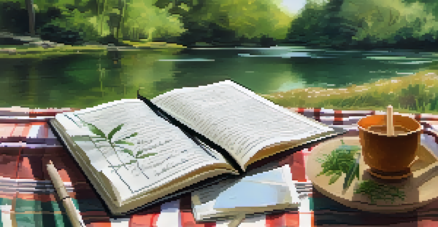 A close-up of an open nature journal with handwritten notes and sketches, set on a picnic blanket in a tranquil park.
