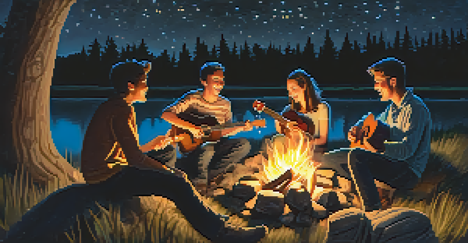Friends around a campfire at night with one person playing a ukulele.