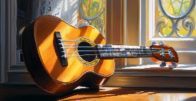 A close-up view of a ukulele on a wooden table with sunlight highlighting its glossy surface and musical notes in the background.