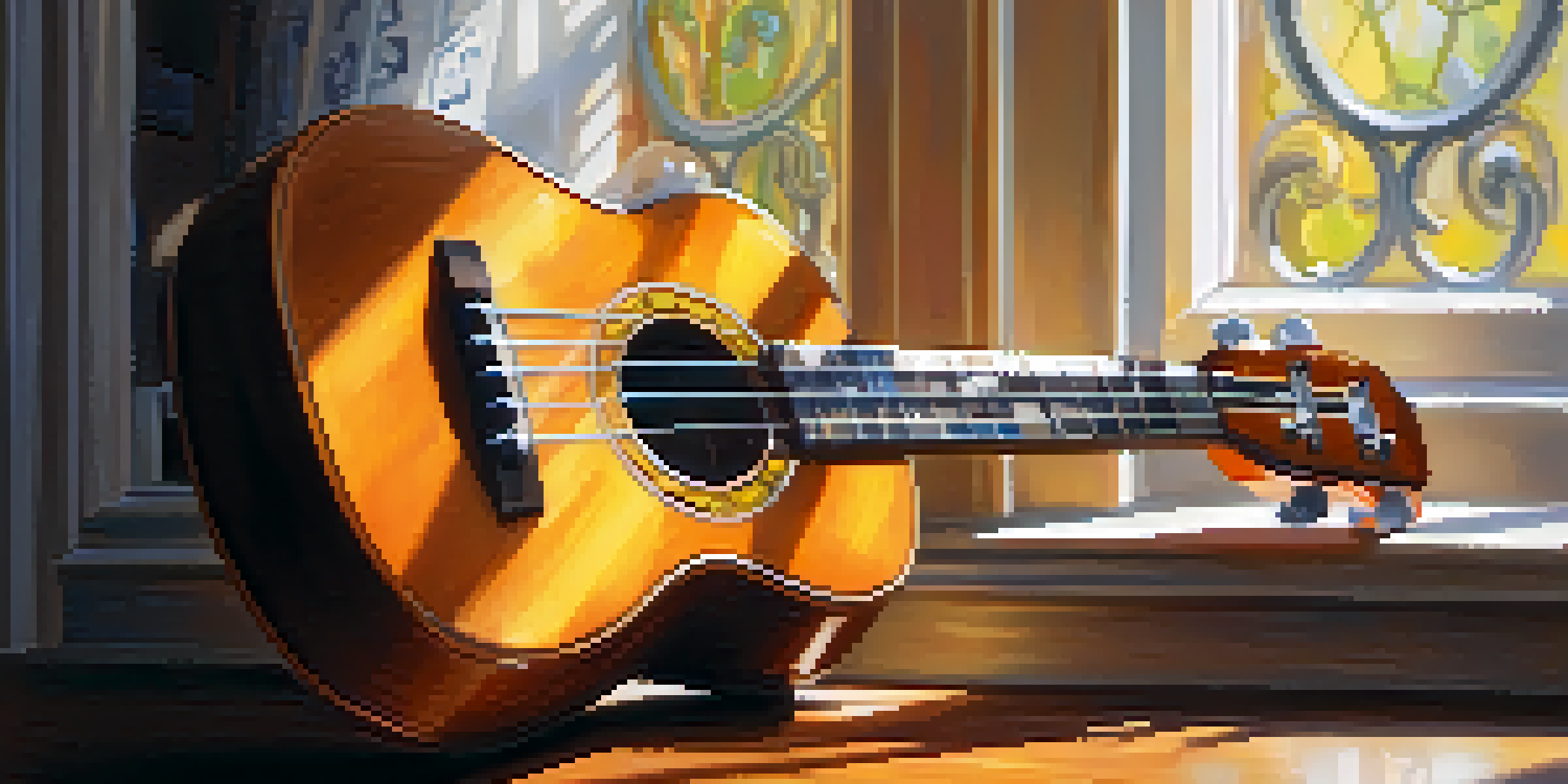 A close-up view of a ukulele on a wooden table with sunlight highlighting its glossy surface and musical notes in the background.