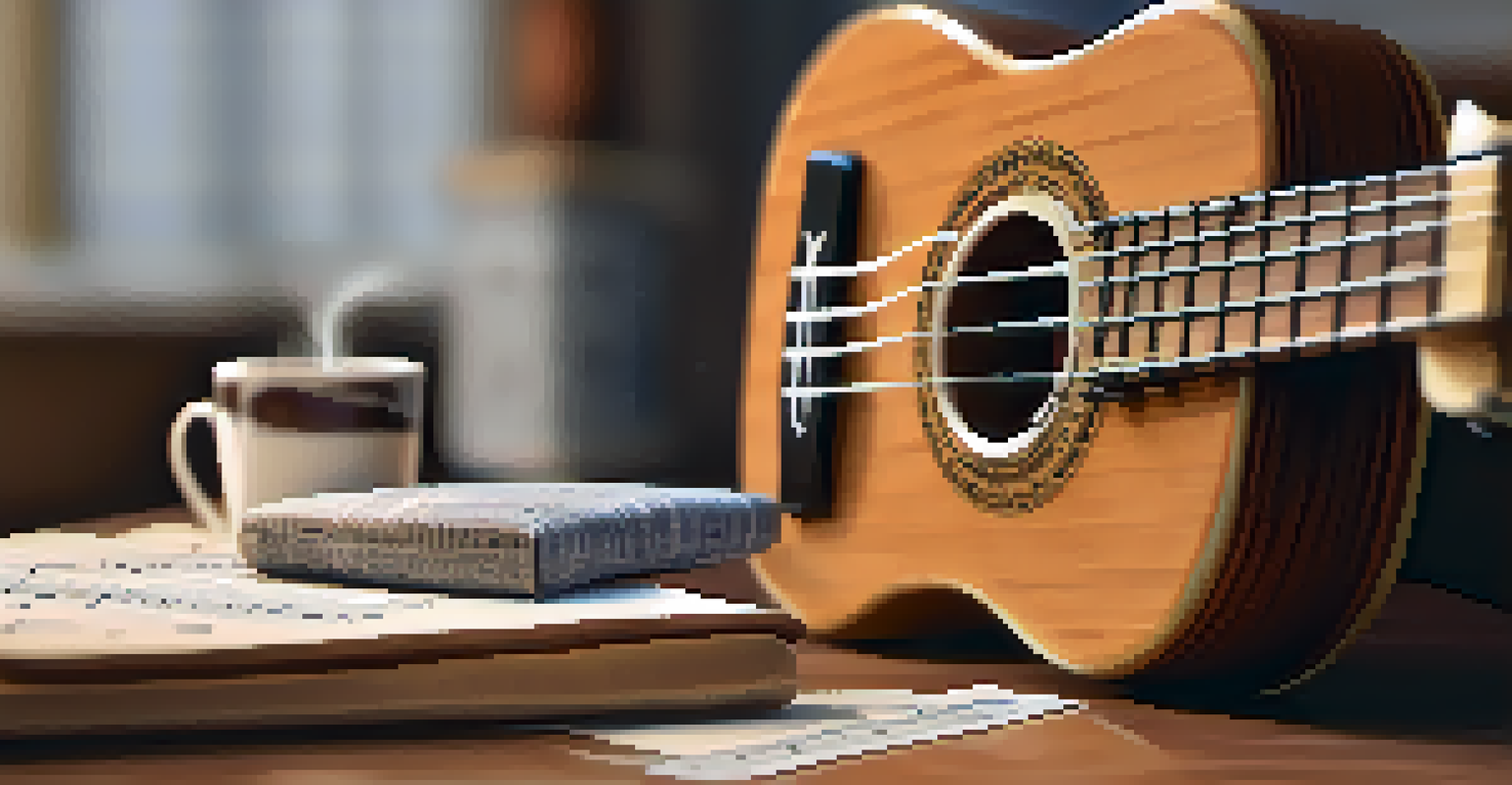 A close-up of a hand demonstrating a C chord on a ukulele, with music sheets and a cup of coffee in the blurred background.