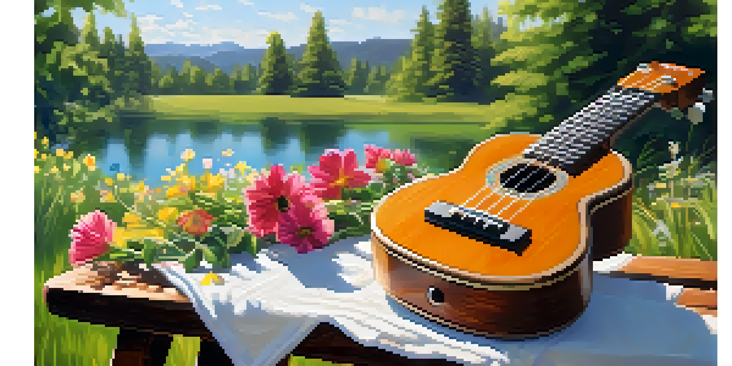 A ukulele on a wooden picnic table surrounded by colorful flowers in a sunny park.
