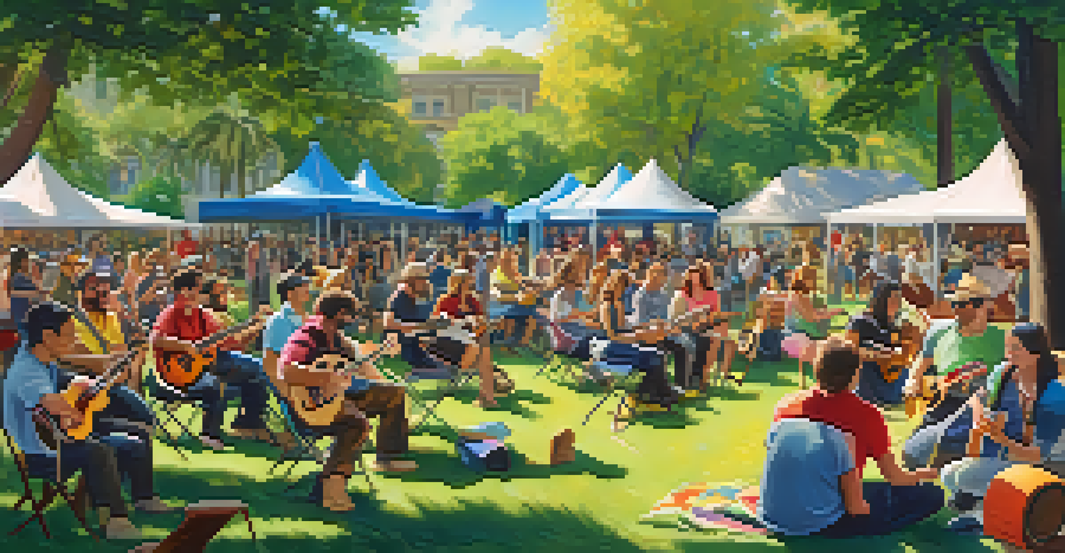 A group of musicians playing electric ukuleles at a sunny festival in a park.