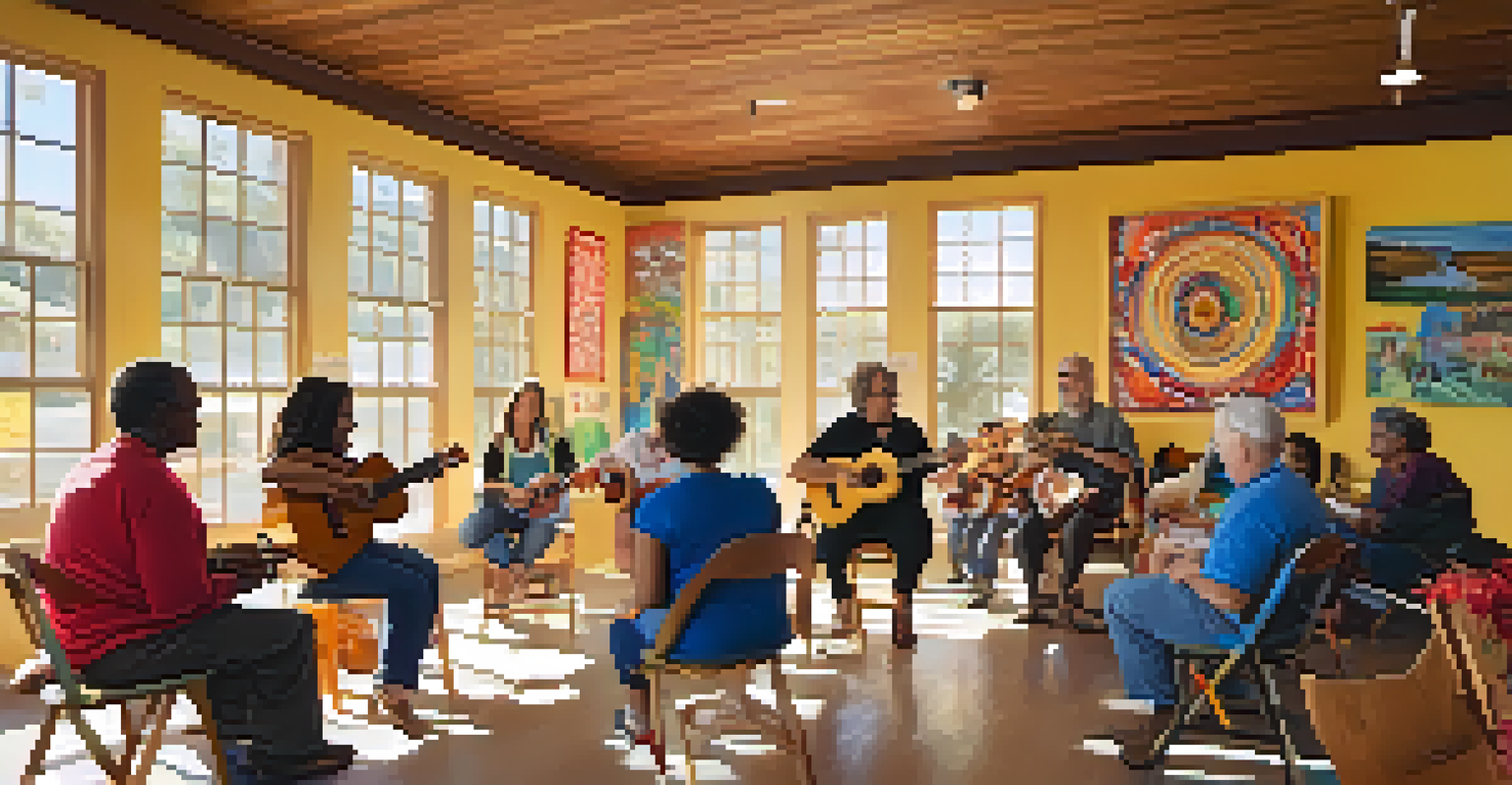 A diverse group of people of all ages participating in a ukulele workshop in a bright community center, with an instructor leading the session.