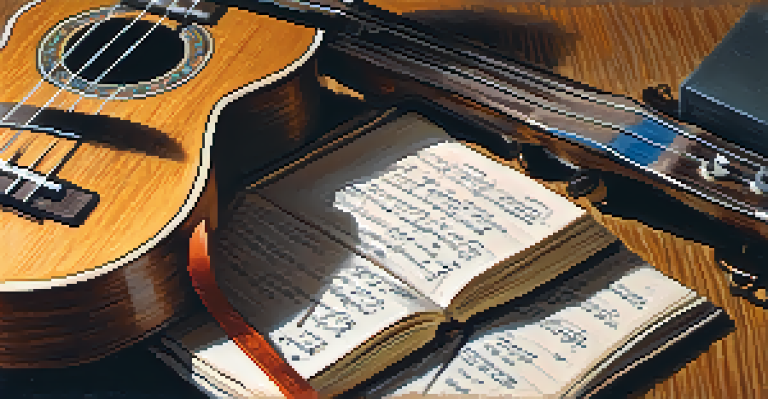 Close-up of hands playing a ukulele with a notebook and pen in the background.