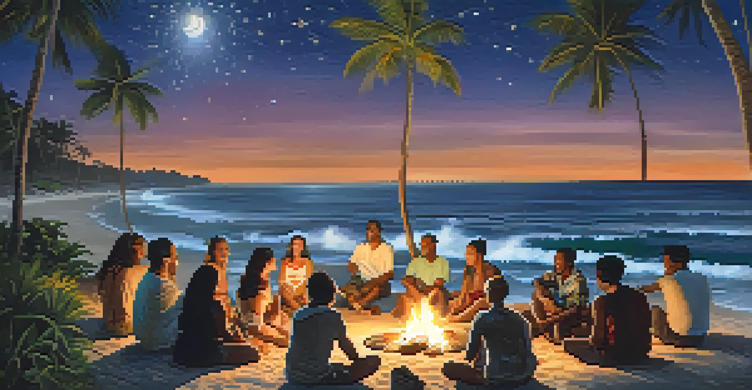 A diverse group of people enjoying music and laughter on a beach at night with a bonfire and ocean waves.
