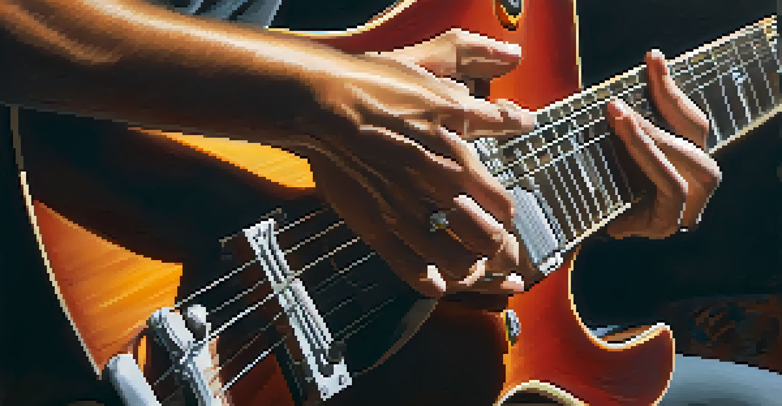 Close-up of hands strumming a guitar, showcasing the fingers and strings.