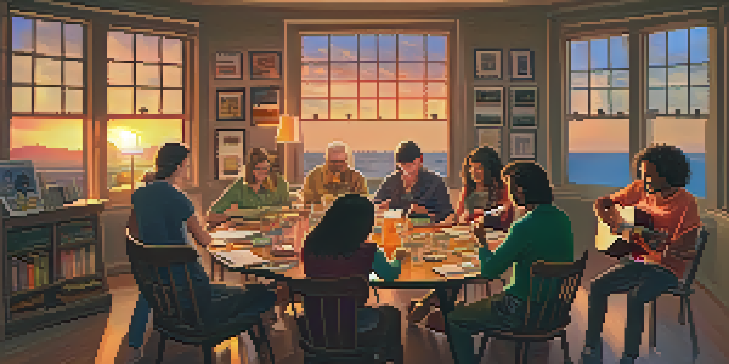A group of diverse musicians gathered around a table, playing ukuleles and sharing tips in a cozy, warmly lit room.