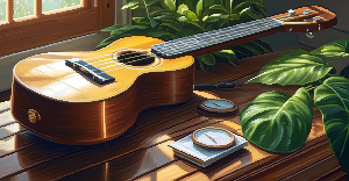 A ukulele on a wooden table with plants around it, sunlight illuminating the instrument and a hygrometer nearby.
