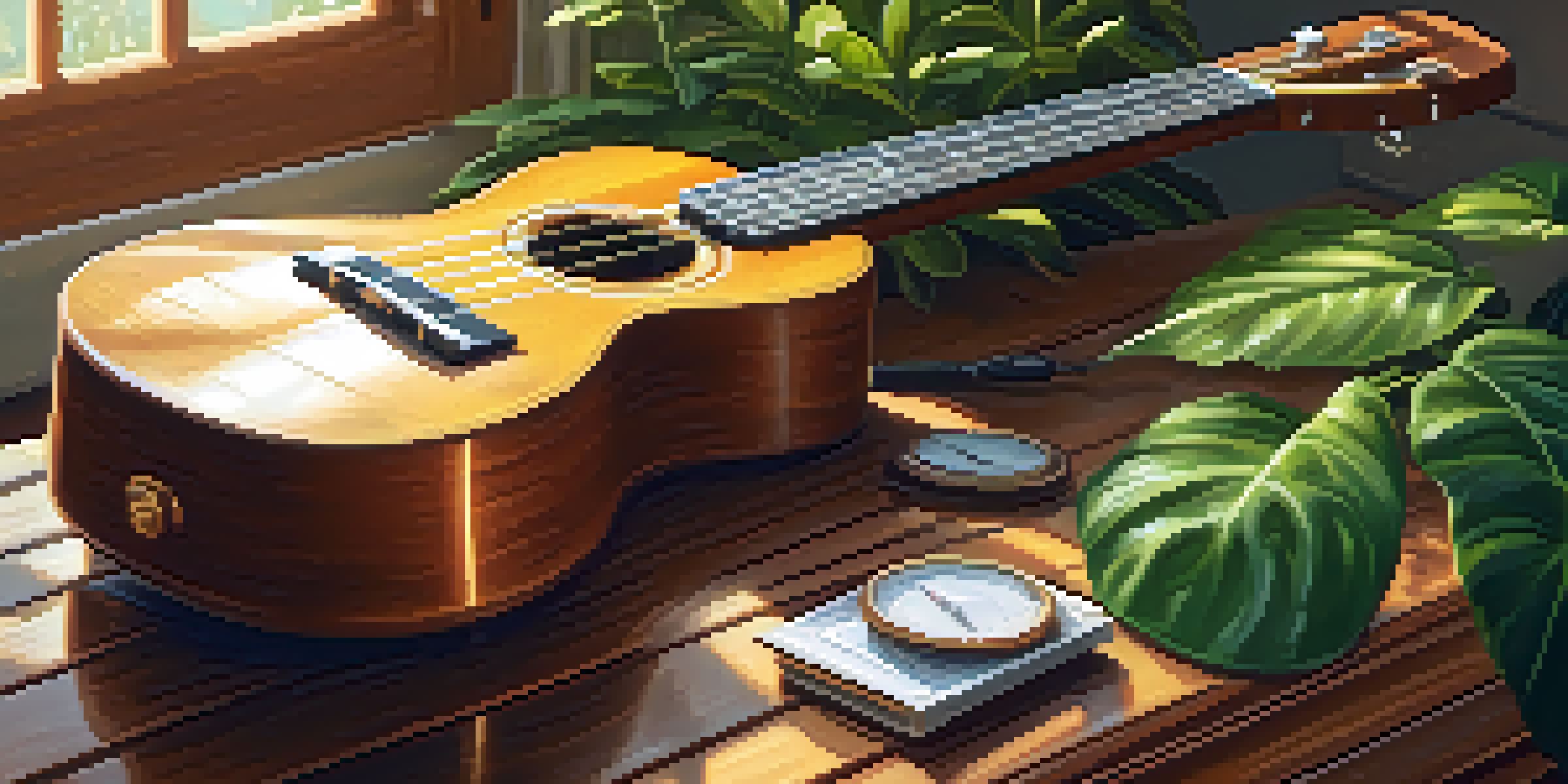 A ukulele on a wooden table with plants around it, sunlight illuminating the instrument and a hygrometer nearby.