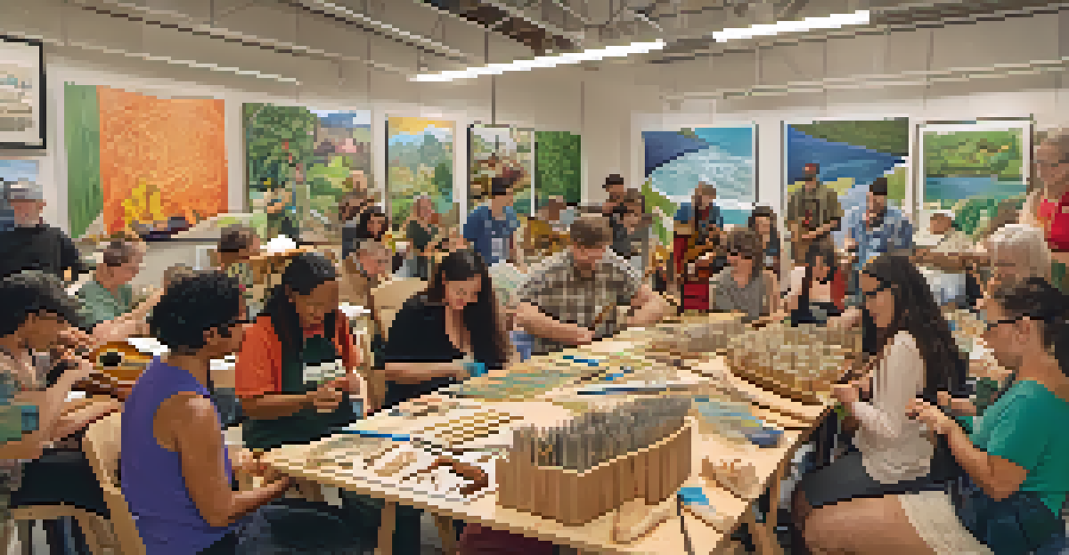 A community workshop with diverse participants learning sustainable ukulele crafting, with tables full of tools and educational materials.