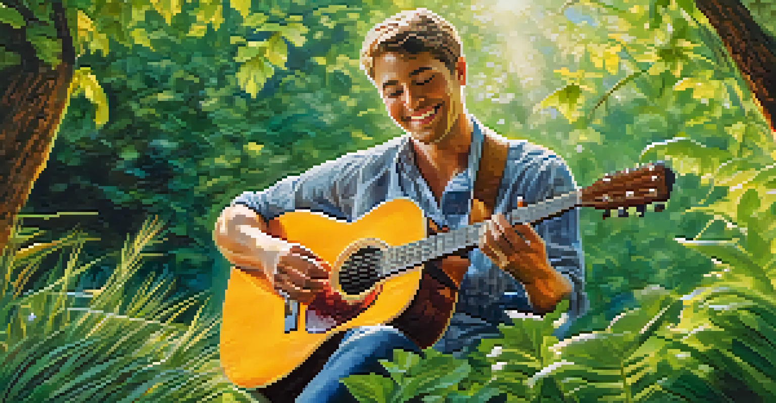 An artist playing an acoustic guitar in a green outdoor setting, using a capo on the second fret, smiling while strumming.