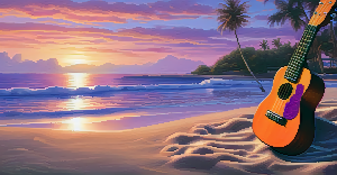 A tranquil beach at sunset with a ukulele on the sand and a person playing it, surrounded by palm trees.