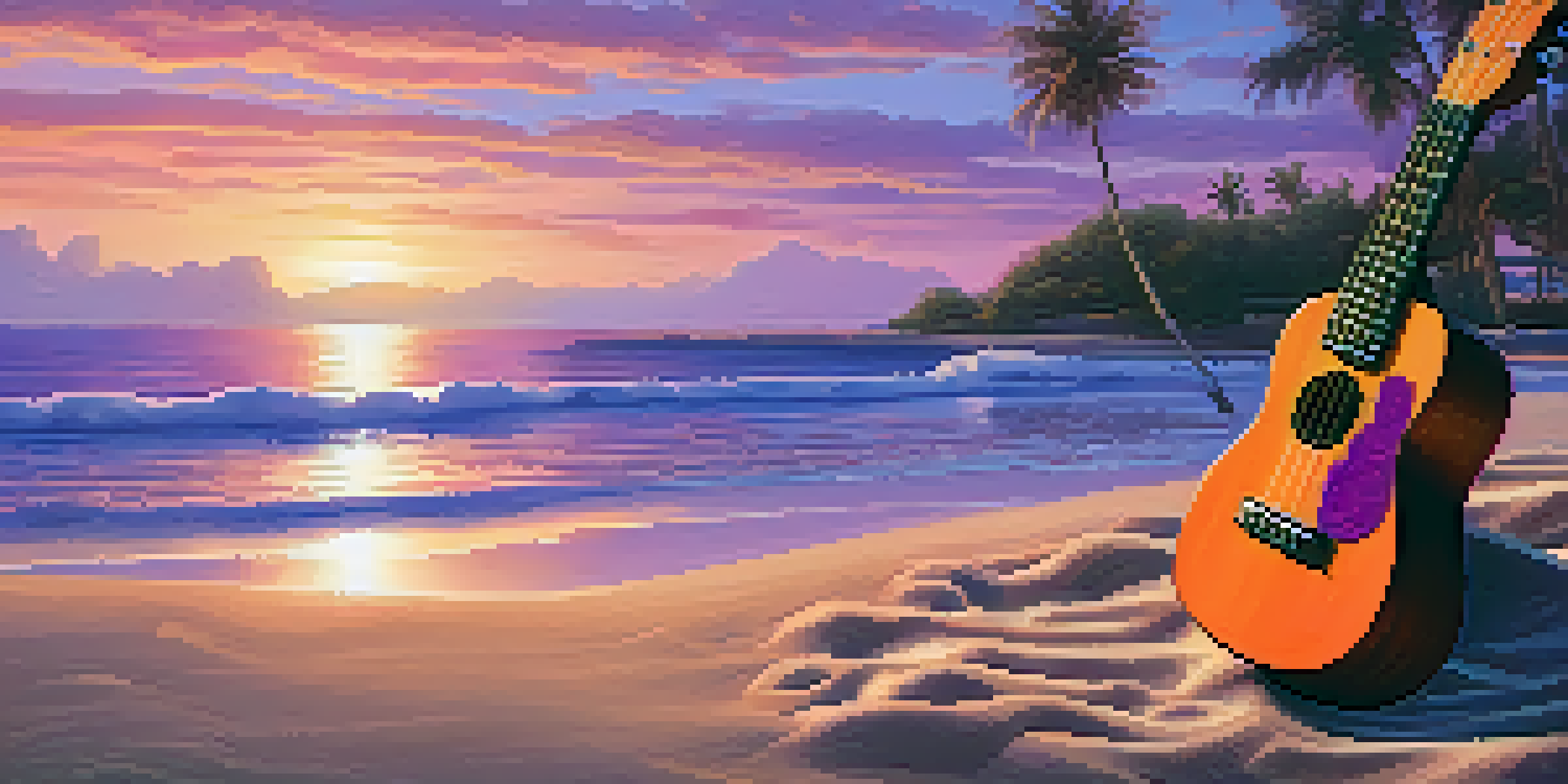 A tranquil beach at sunset with a ukulele on the sand and a person playing it, surrounded by palm trees.