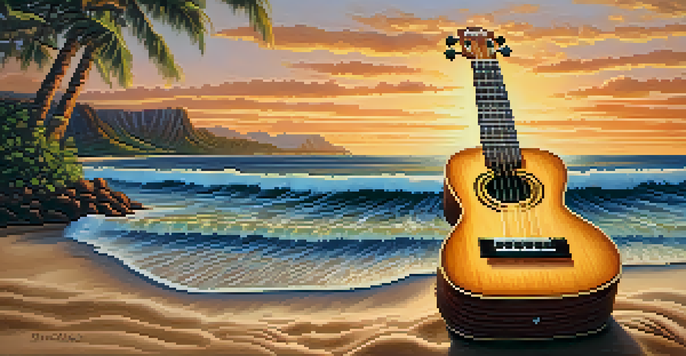 A ukulele on the sandy beach with gentle waves and a sunset background, surrounded by palm trees.