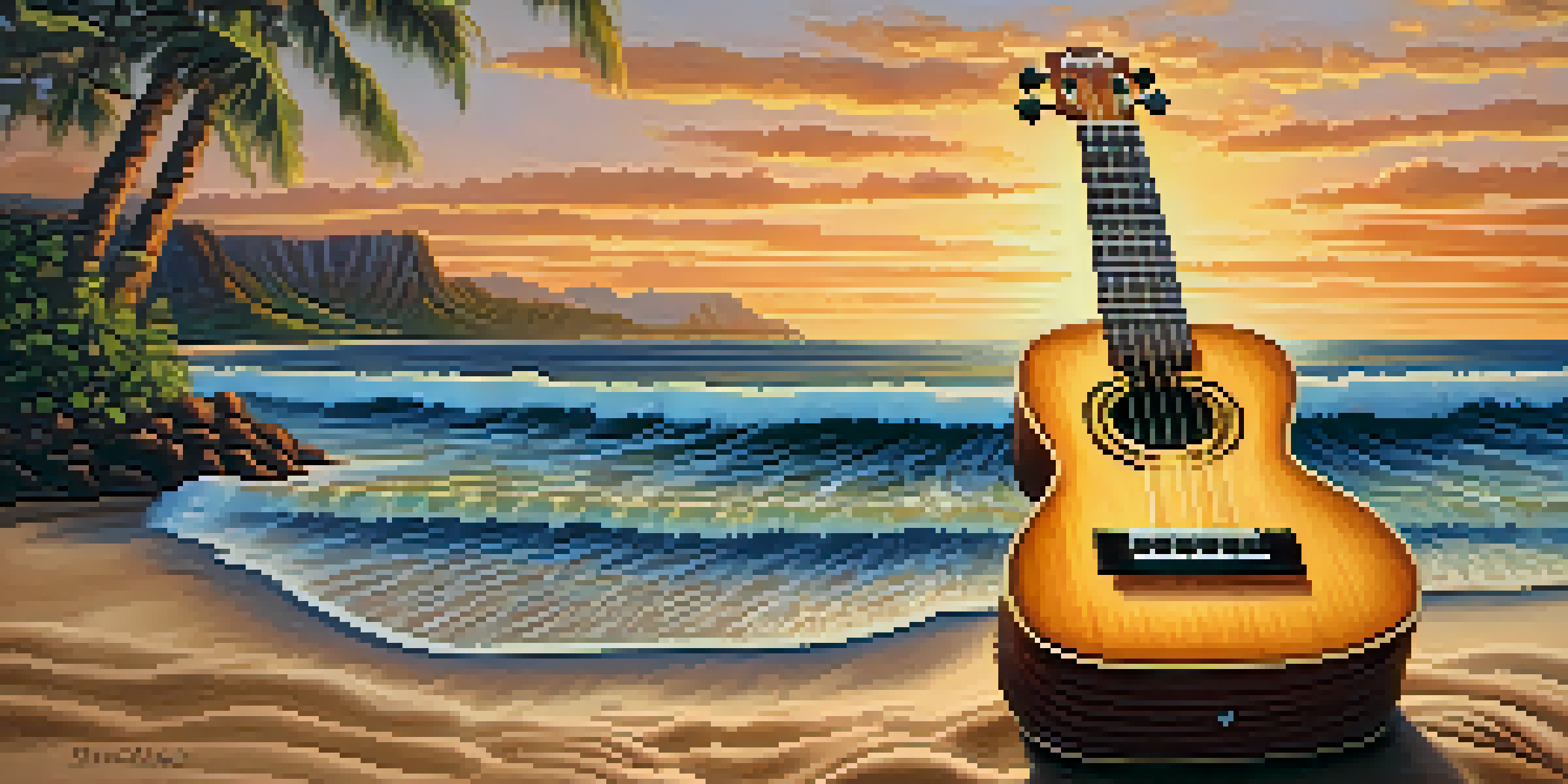 A ukulele on the sandy beach with gentle waves and a sunset background, surrounded by palm trees.