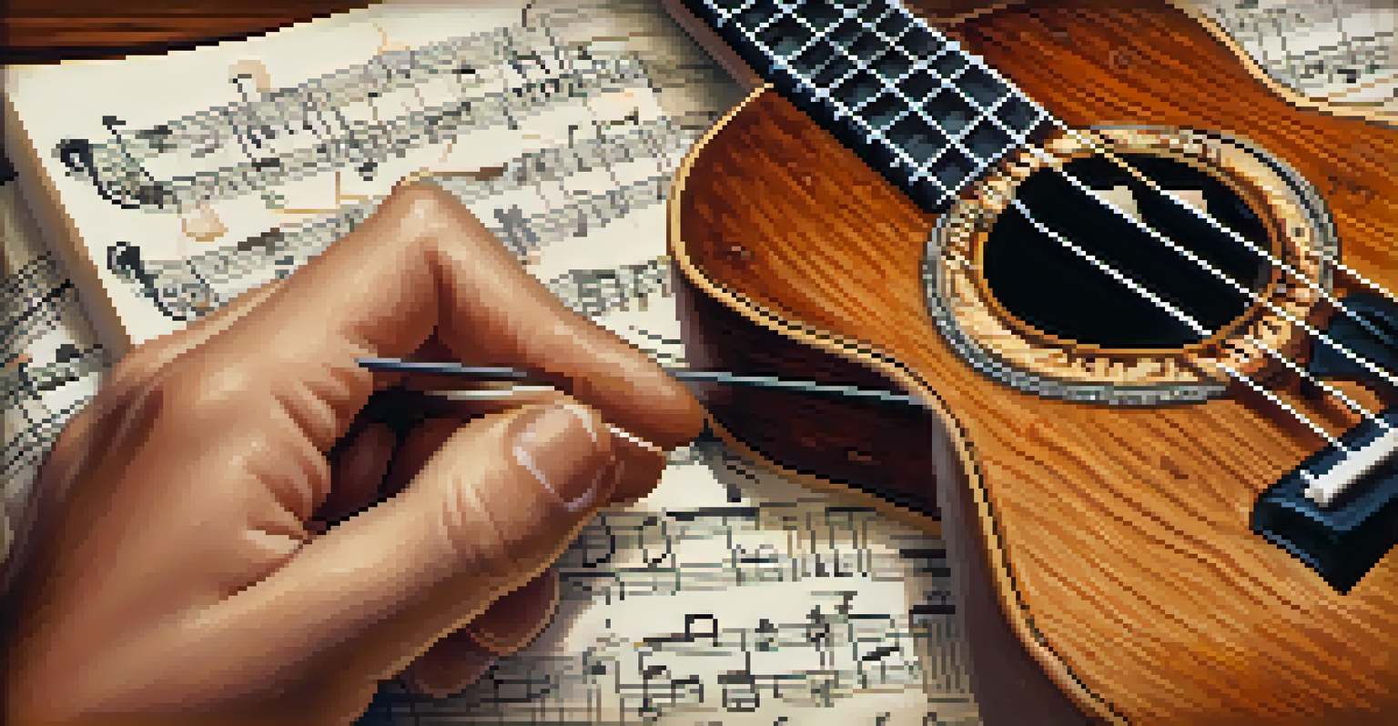 Close-up of hands strumming a ukulele with song sheets in the background.