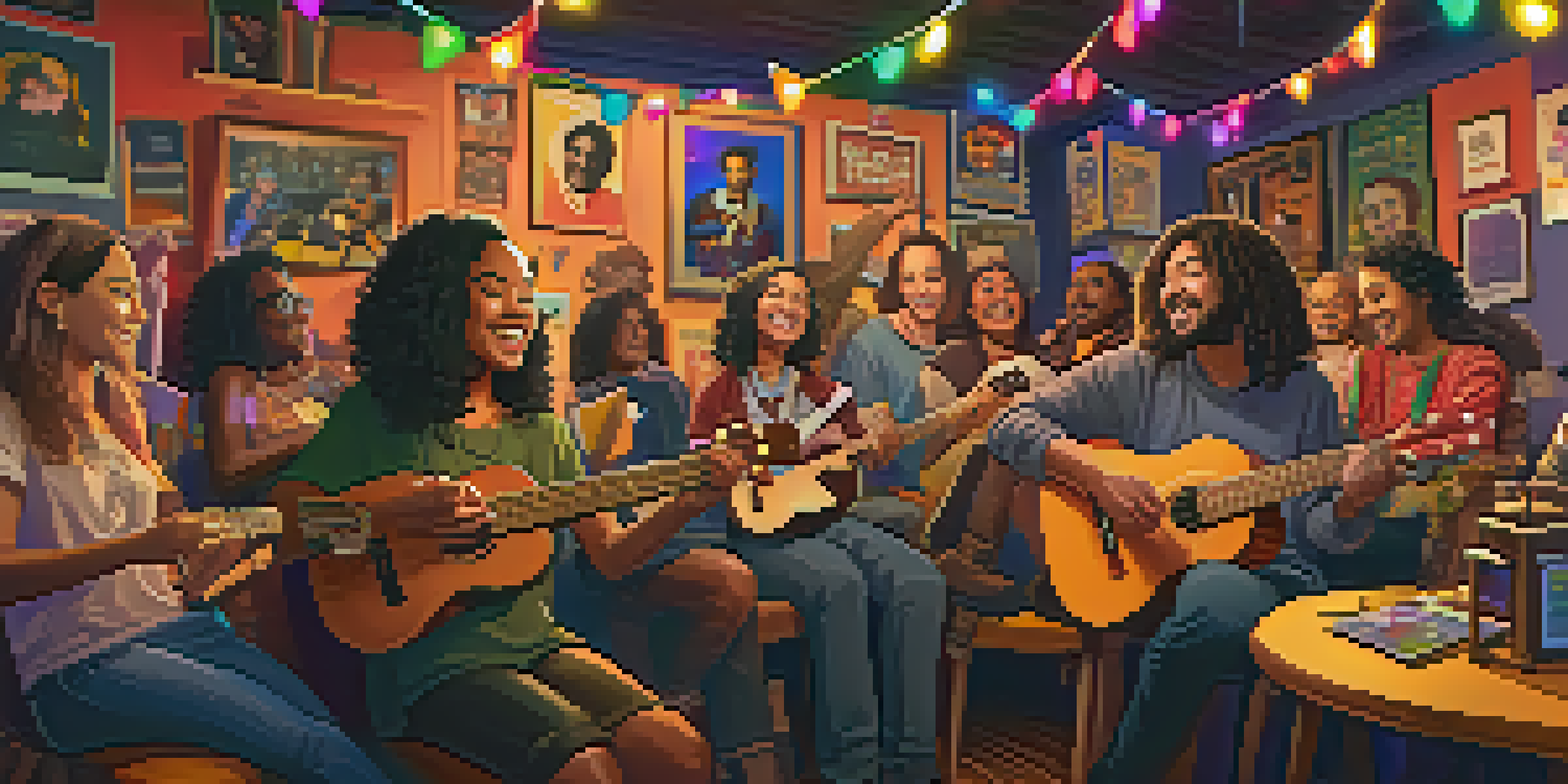 A diverse group of people participating in a virtual ukulele jam session, smiling and playing their instruments in a cozy, colorful room.