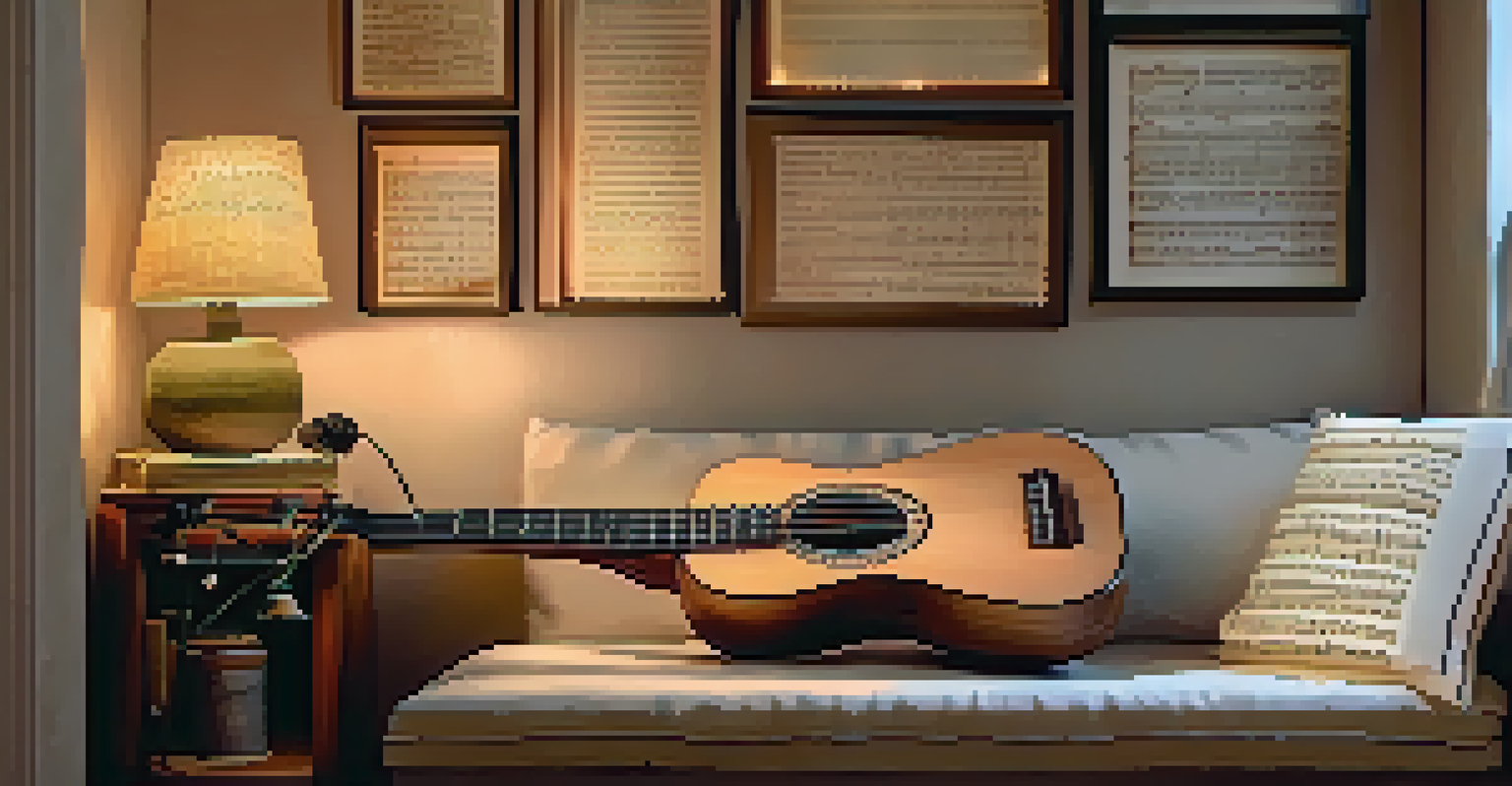 A cozy room with a ukulele on a wooden table, handwritten lyrics, and warm fairy lights, evoking a creative vibe.