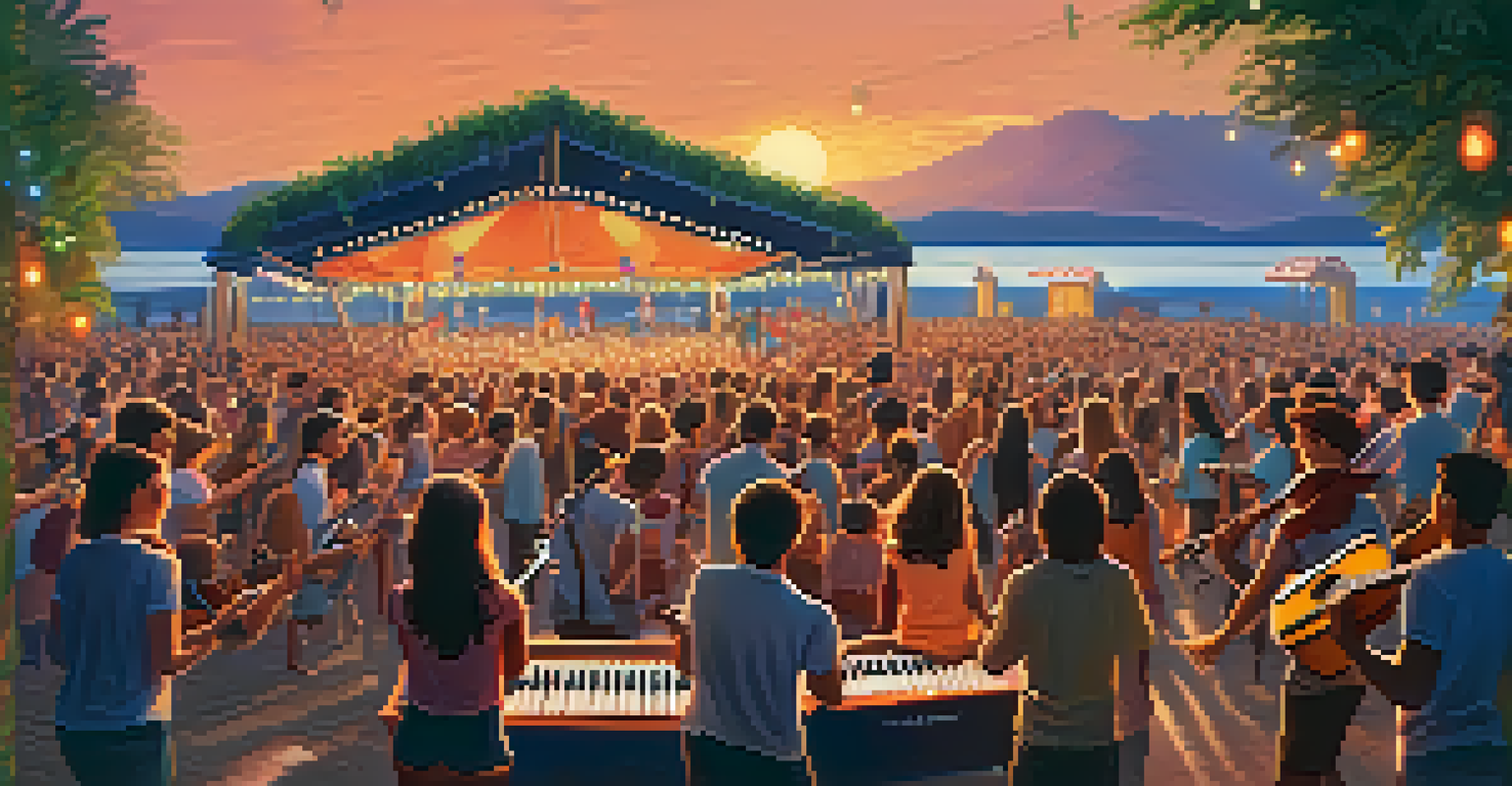A group of young musicians performing with ukuleles on stage, with an engaged audience and a sunset in the background.
