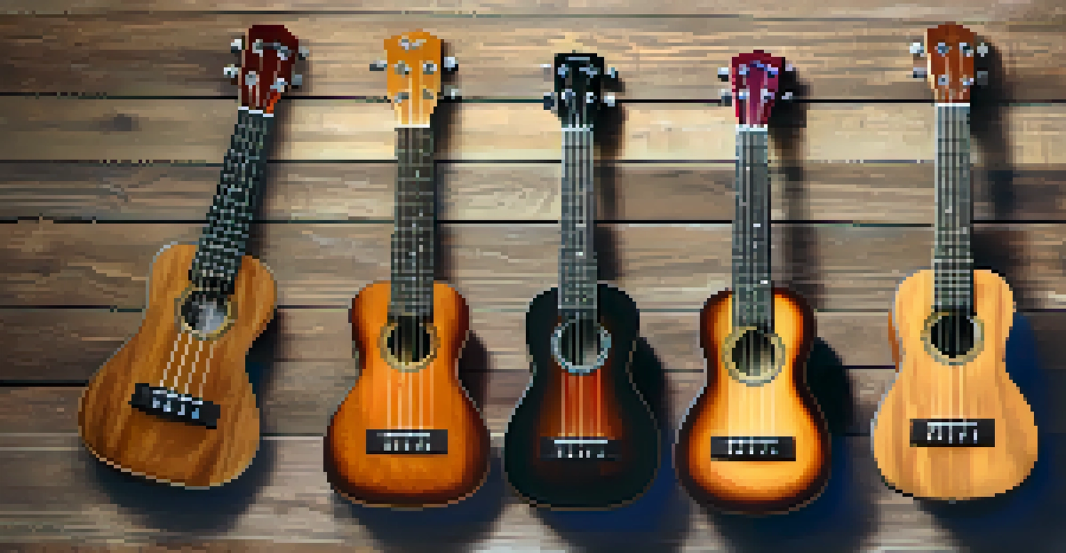 A flat lay arrangement of different ukulele sizes on a wooden surface, showcasing soprano, concert, tenor, and baritone ukuleles with fabric and music sheets around them.