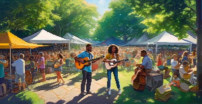 A lively outdoor music festival with musicians playing ukuleles amidst greenery and colorful decorations, with audiences engaged in the performances.