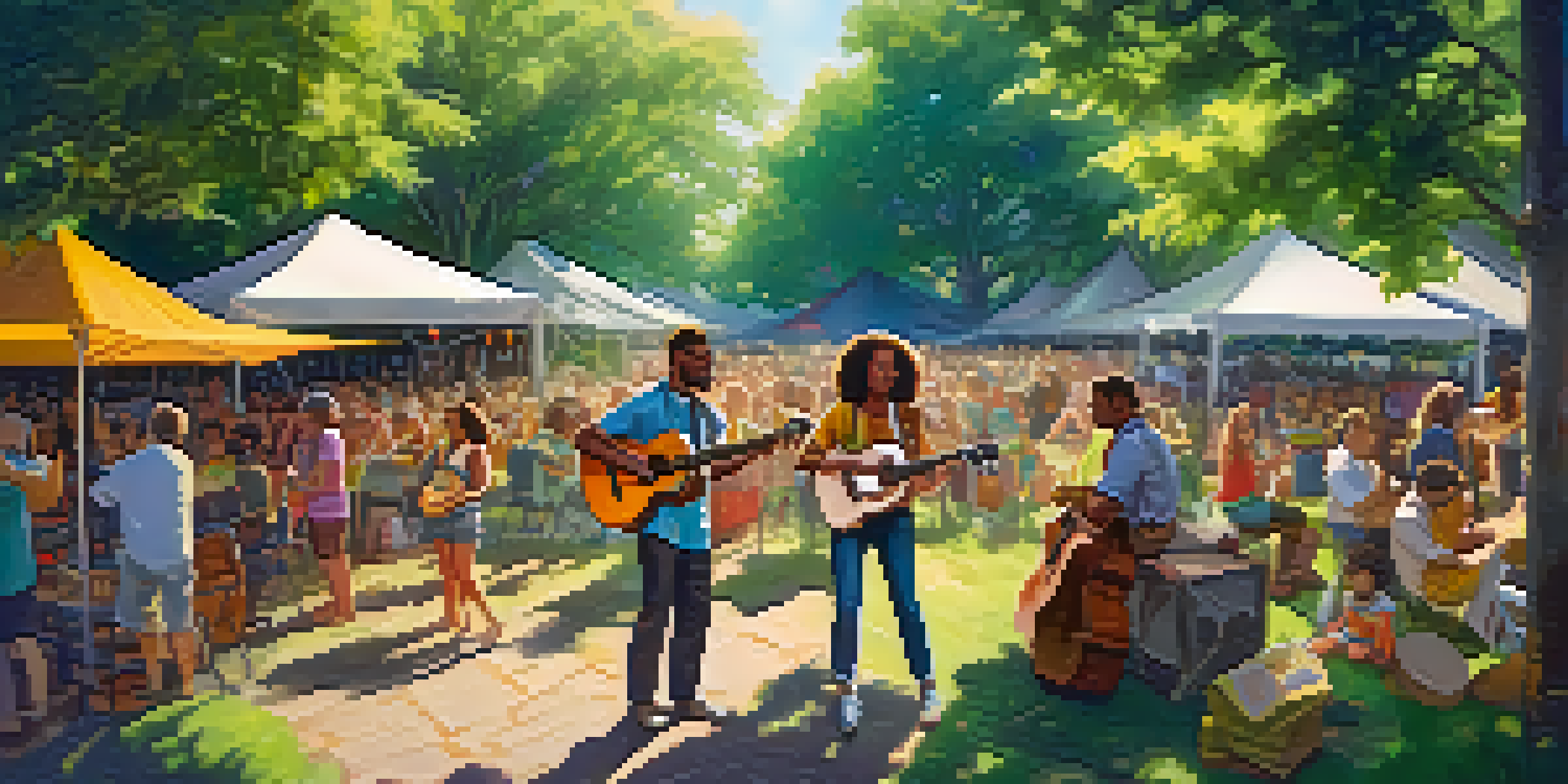 A lively outdoor music festival with musicians playing ukuleles amidst greenery and colorful decorations, with audiences engaged in the performances.