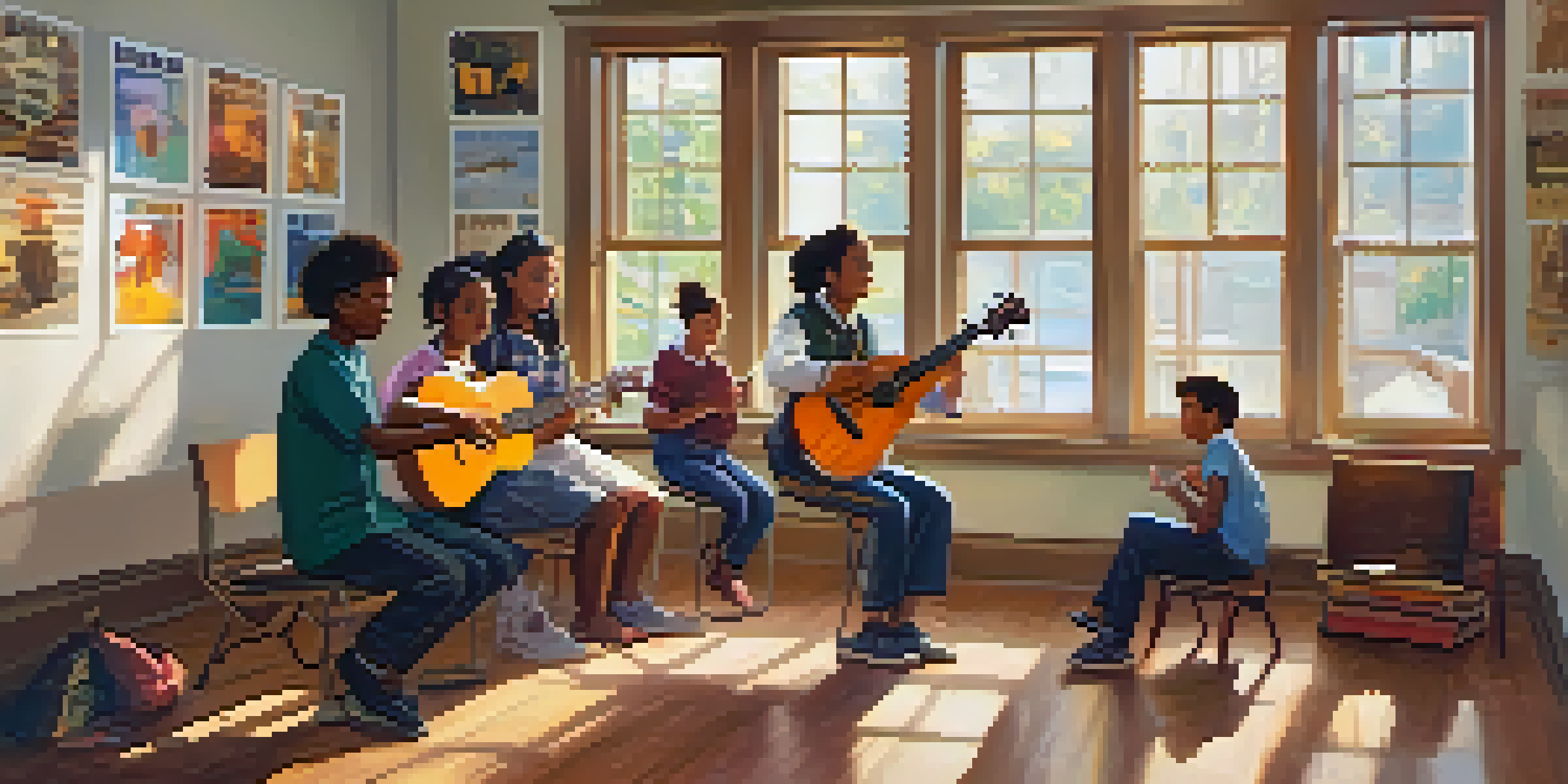 A classroom filled with diverse students participating in a ukulele lesson under warm natural light, with a teacher demonstrating a chord.