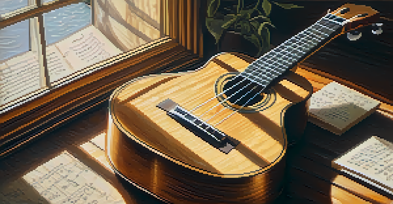 A close-up shot of a ukulele on a wooden table with handwritten lyrics and a cup of tea, bathed in warm sunlight.