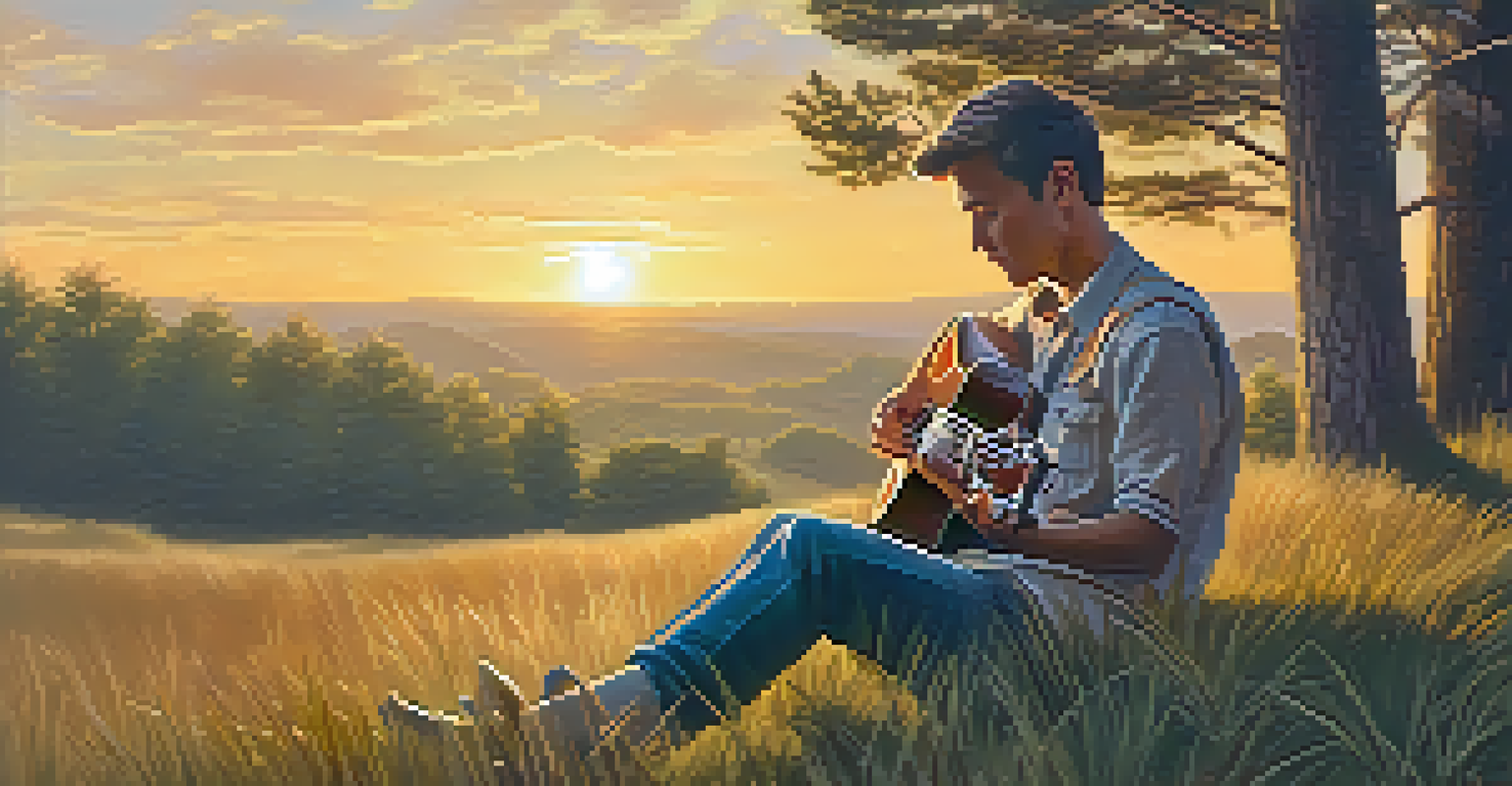 A musician playing a spruce ukulele on a grassy hill during sunset, with a warm golden light illuminating the scene.