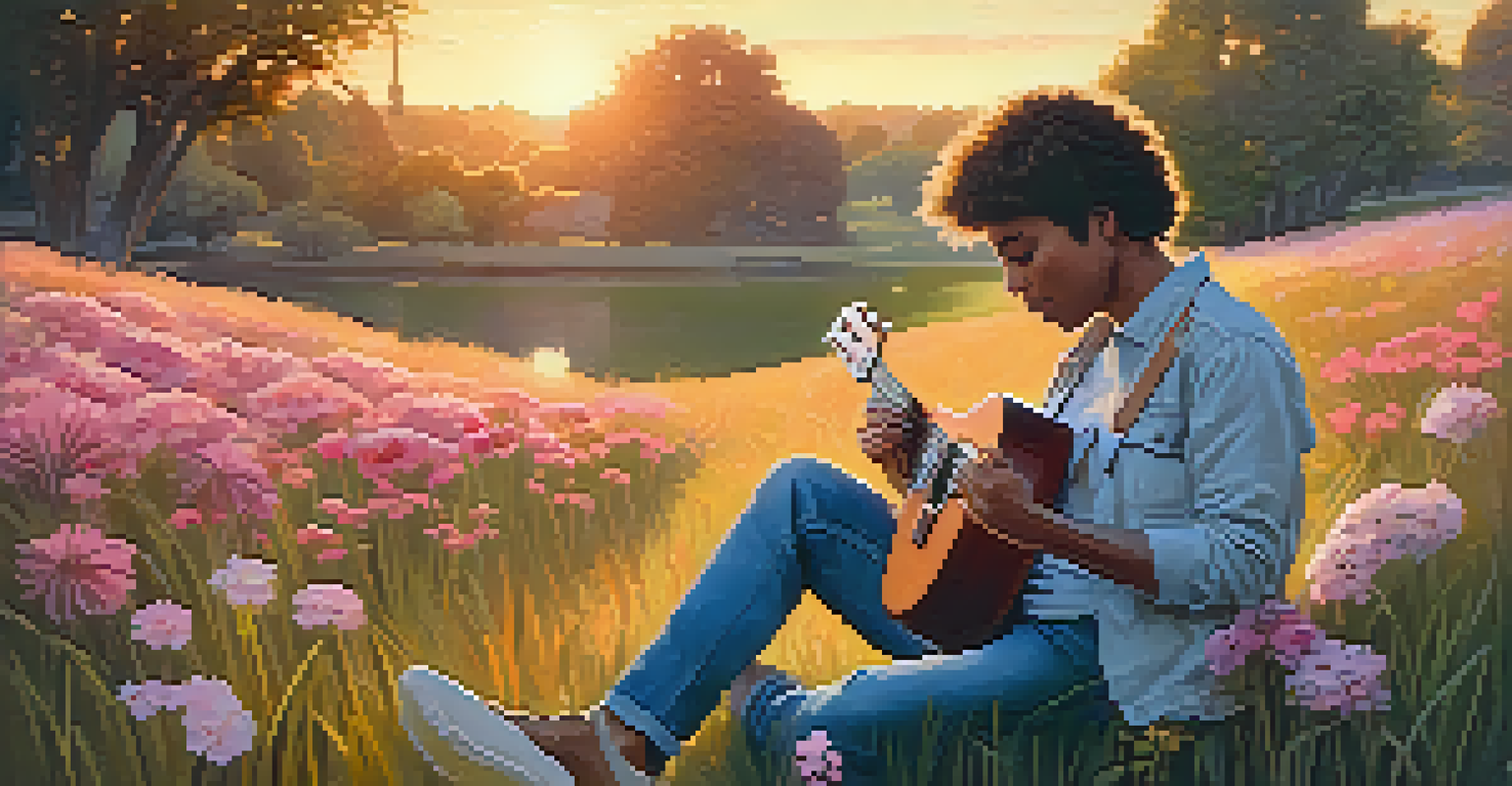 A musician playing a ukulele in a park during sunset surrounded by flowers.