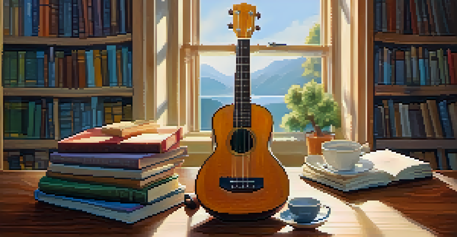 A ukulele on a wooden table next to an open notebook and a cup of tea in a cozy indoor setting, with warm natural light.