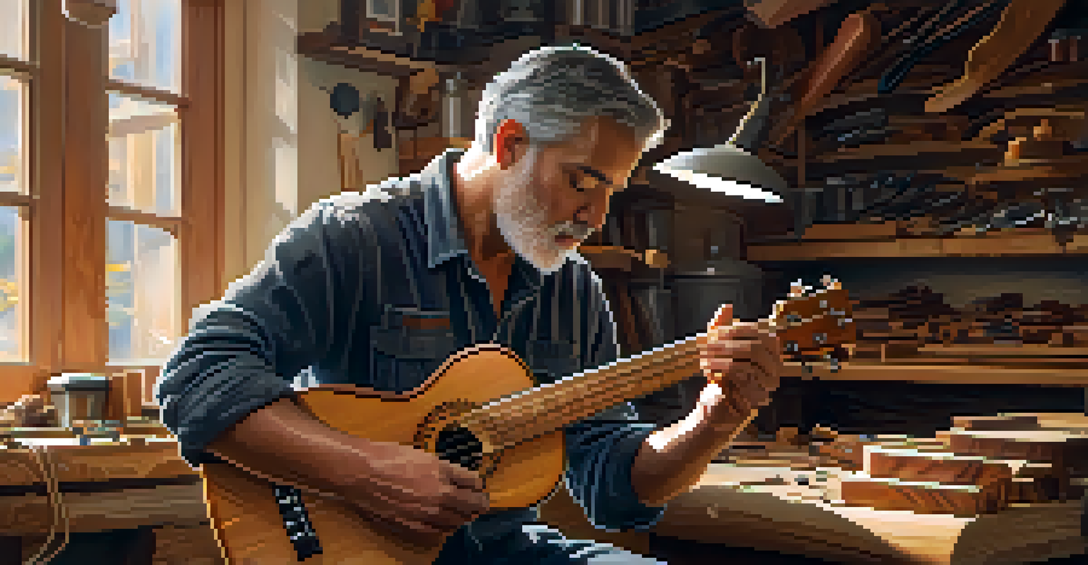 A luthier shaping a ukulele in a workshop surrounded by tools and wood shavings.