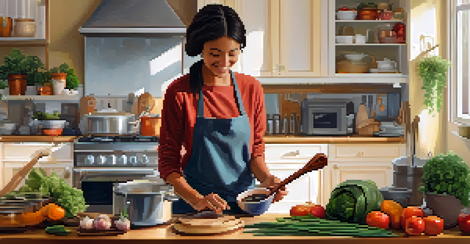A person in a cozy kitchen cooking with fresh ingredients, smiling and engaged, illustrating mindfulness through daily activities while ukulele music plays in the background.