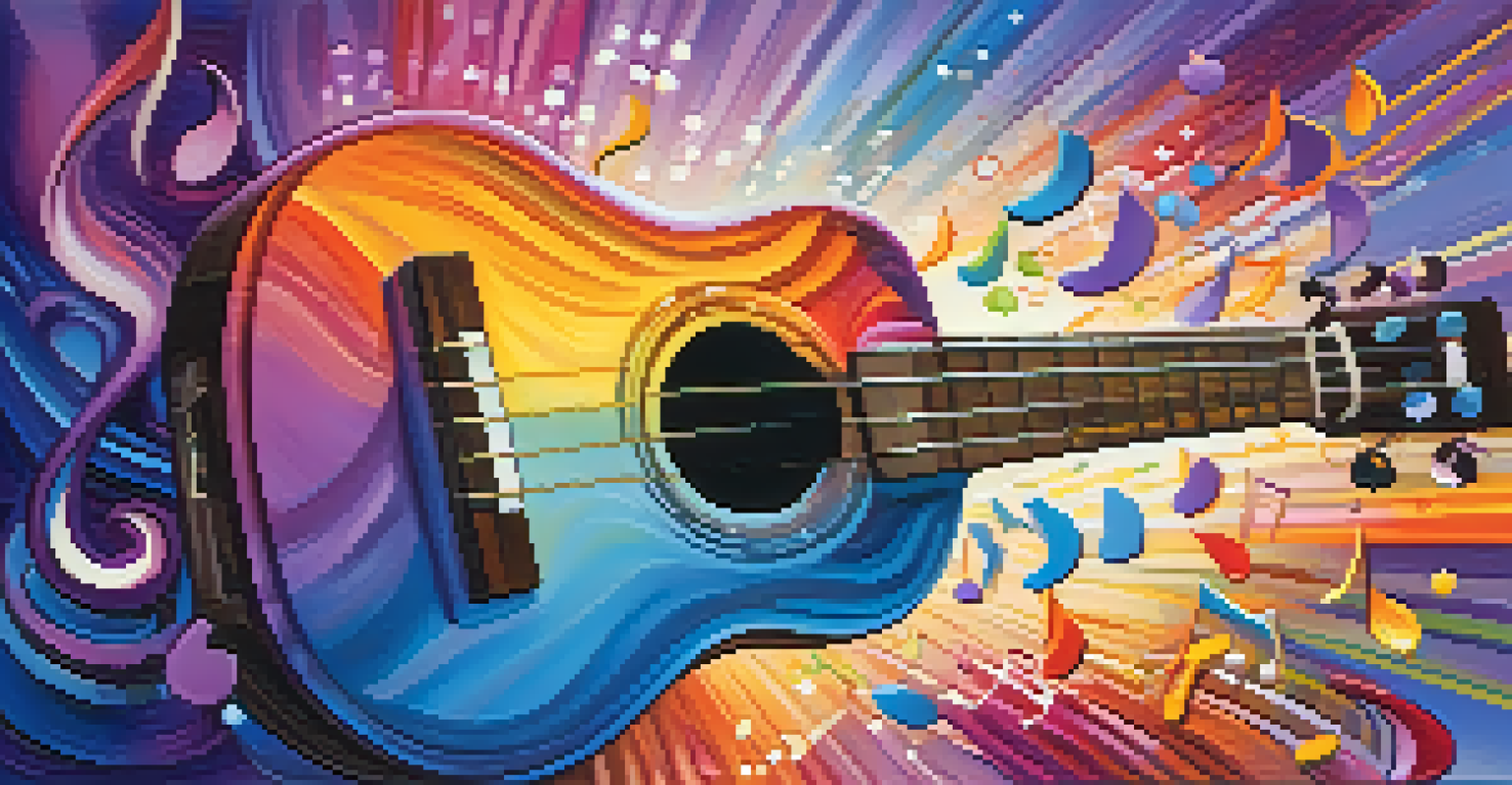 A colorful abstract image of a ukulele with swirling musical notes on a gradient background.